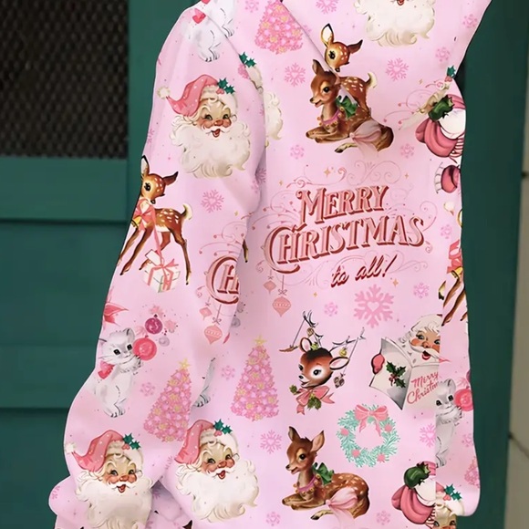 Pink Santa Retro Christmas Sweatshirts Pink Christmas Hoodiie Vintage Reindeer - Picture 3 of 5